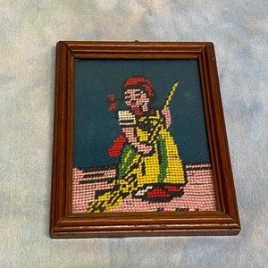 Vtg Embroidered Needlepoint Framed Art Lady Sweeping 5x6.5 BOHO Gallery Wall